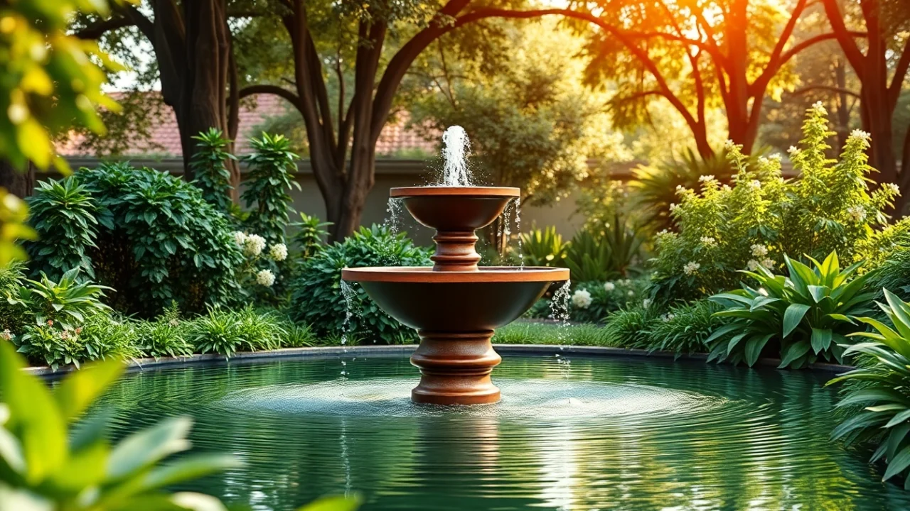 Elegant cortenstahl brunnen surrounded by lush greenery in a peaceful garden.