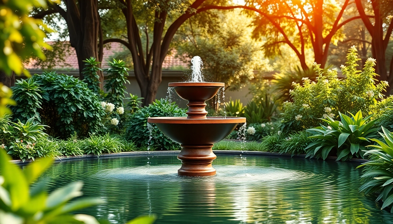 Elegant cortenstahl brunnen surrounded by lush greenery in a peaceful garden.