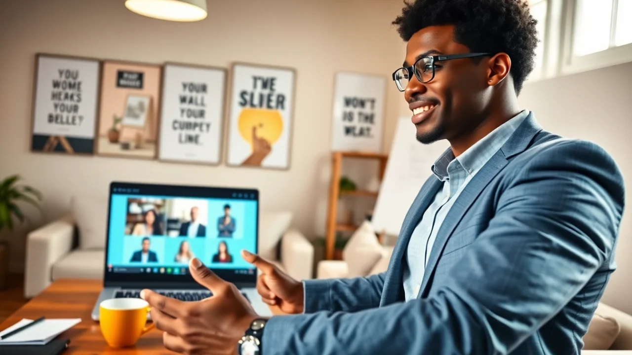 Presenter's engaging presentation during a Perfect Webinar with diverse audience in bright home office.