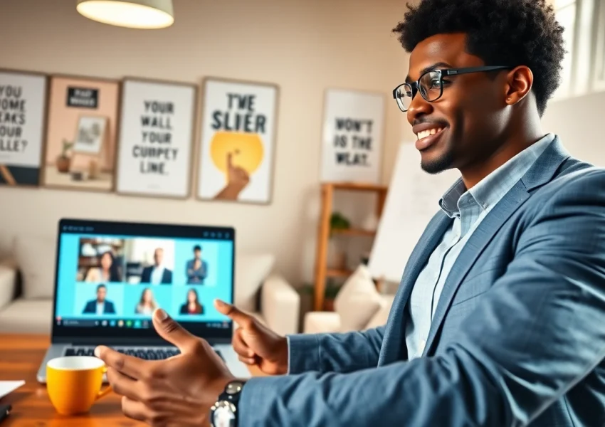 Presenter's engaging presentation during a Perfect Webinar with diverse audience in bright home office.