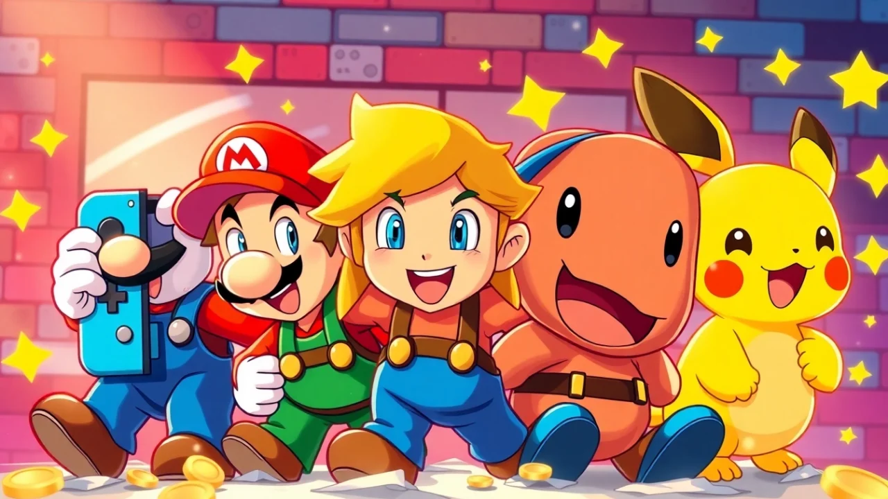 Nintendo Switch games characters, including Mario and Link, in a colorful gaming scene.