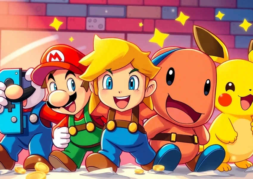 Nintendo Switch games characters, including Mario and Link, in a colorful gaming scene.