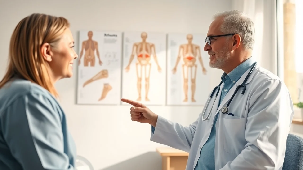 Patient discussing Rheuma symptoms with a doctor in a professional medical setting.