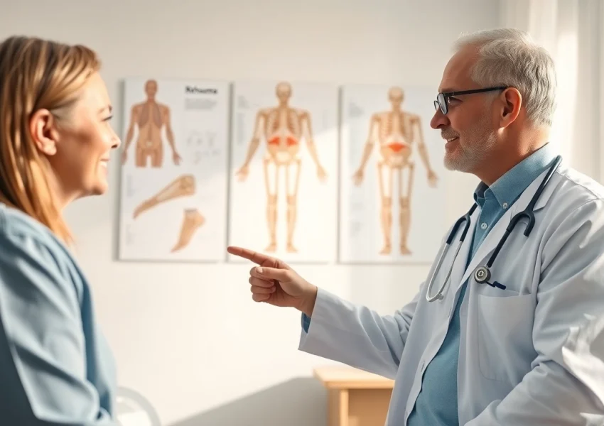 Patient discussing Rheuma symptoms with a doctor in a professional medical setting.