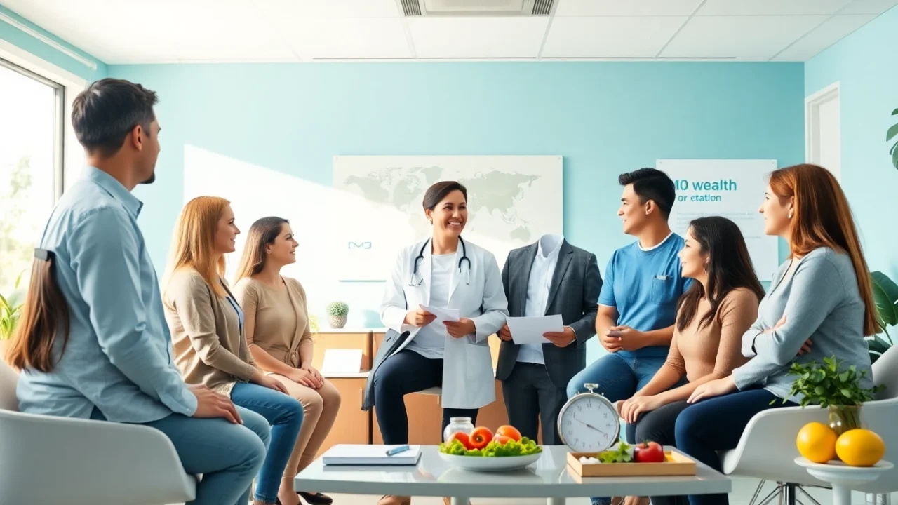 Engaging medical weight loss consultation showcasing patients and healthcare provider discussing personalized wellness plans.