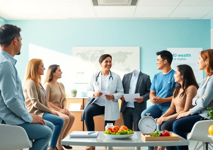 Engaging medical weight loss consultation showcasing patients and healthcare provider discussing personalized wellness plans.