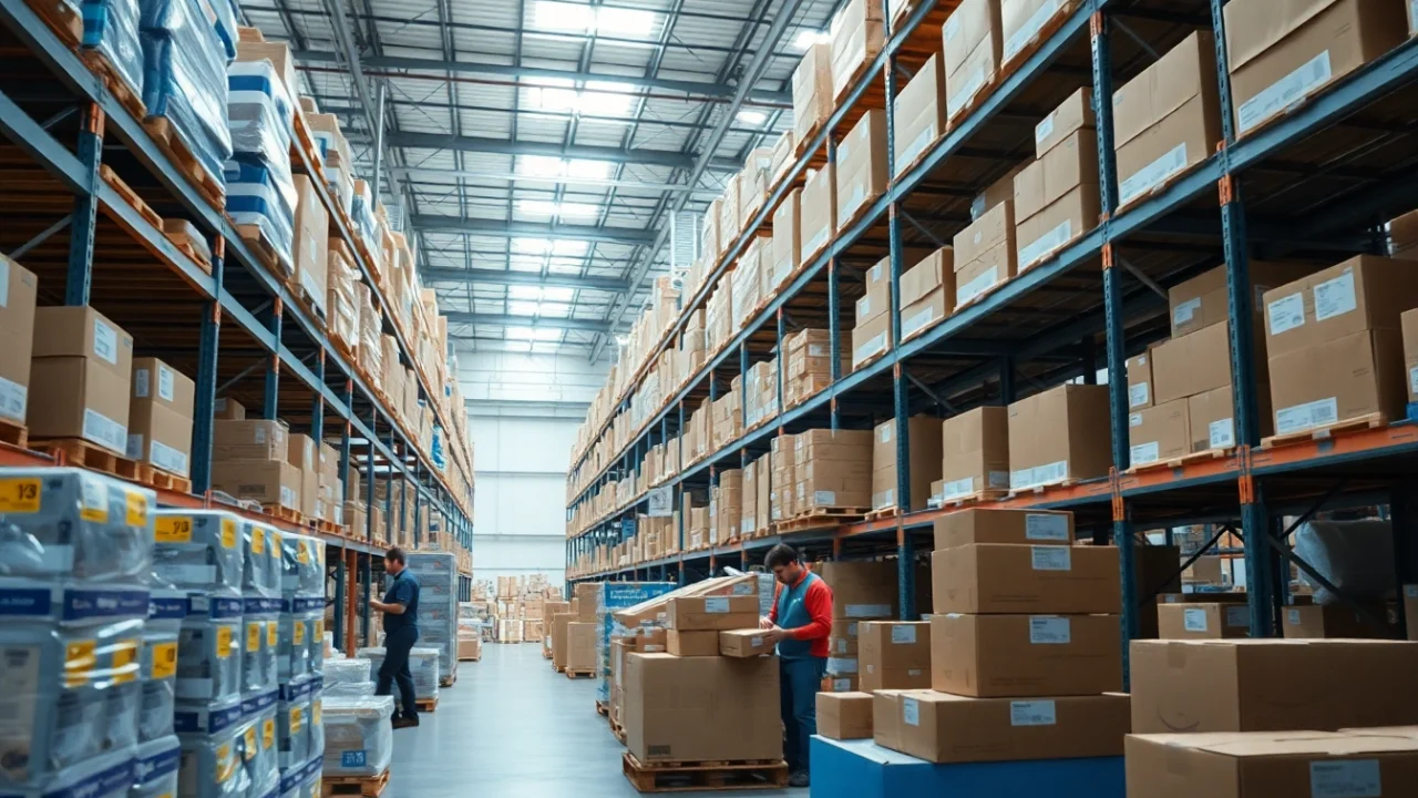 Packing FBA wholesale products for shipment in a busy warehouse setting.