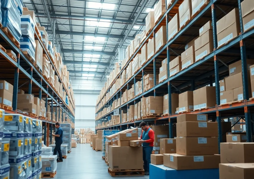 Packing FBA wholesale products for shipment in a busy warehouse setting.