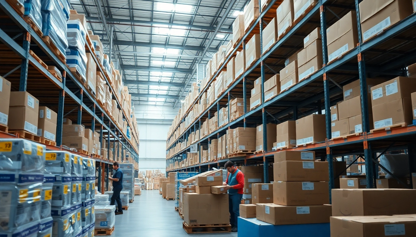 Packing FBA wholesale products for shipment in a busy warehouse setting.