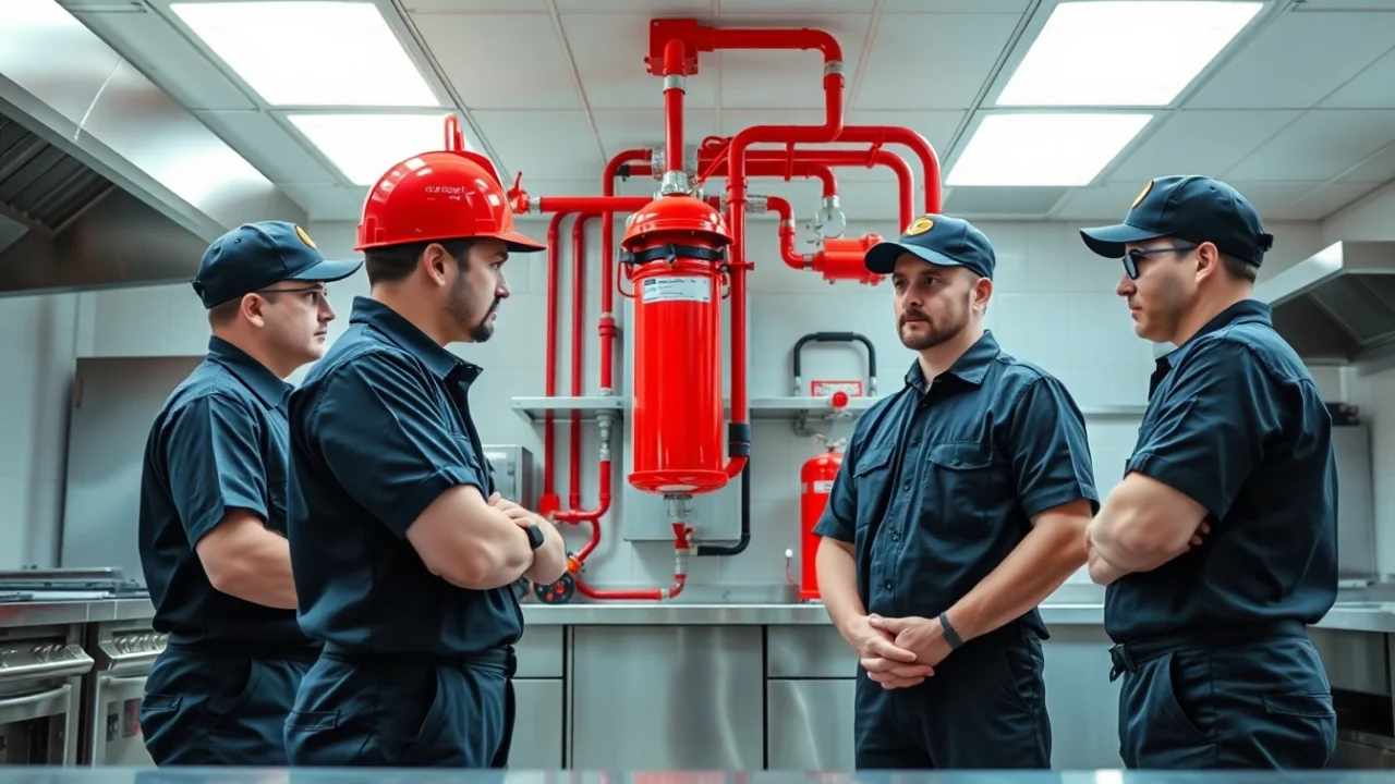 Fire Suppression service experts inspecting kitchen safety systems for optimal performance.