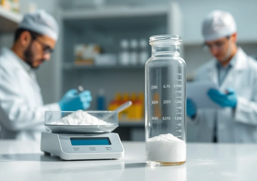 Measure Hydroxypropyl Methylcellulose in a lab with precision equipment and clean surroundings.