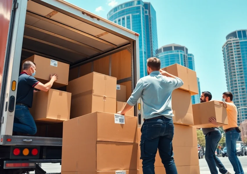 Movers Calgary team efficiently loading furniture into a truck on a bright urban day
