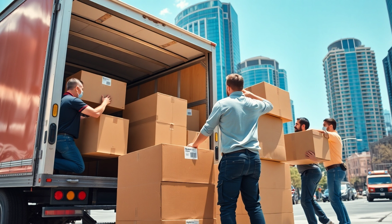 Movers Calgary team efficiently loading furniture into a truck on a bright urban day