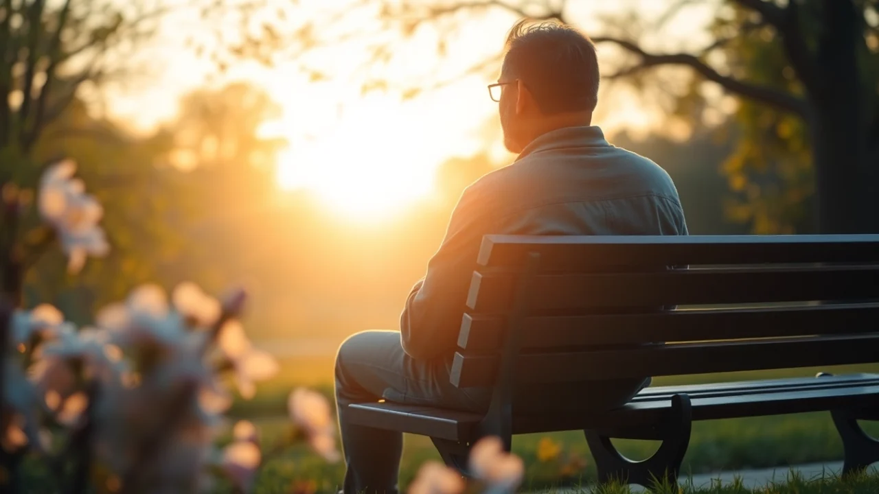 Individual reflecting on loss while dealing with grief in a tranquil park setting.