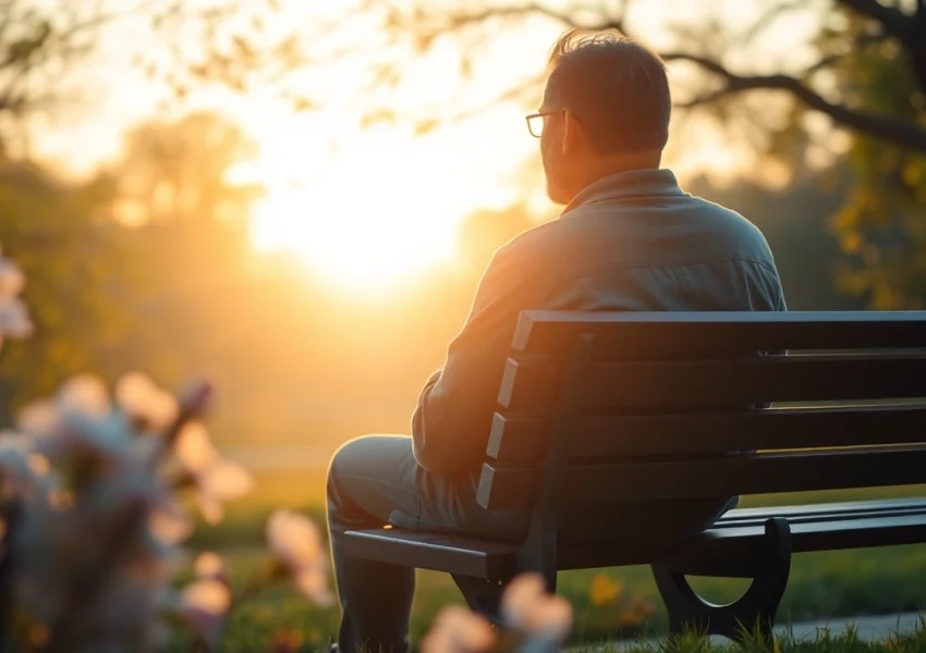 Individual reflecting on loss while dealing with grief in a tranquil park setting.