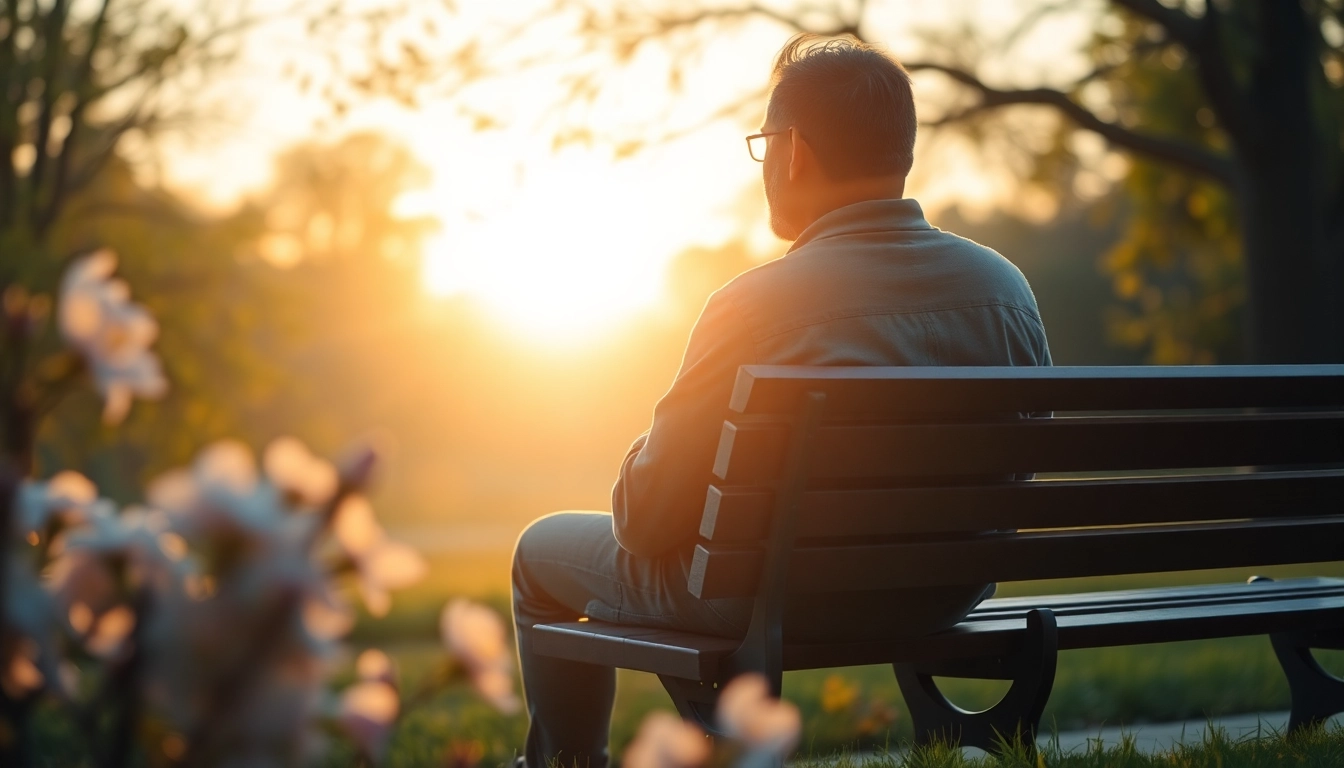 Individual reflecting on loss while dealing with grief in a tranquil park setting.