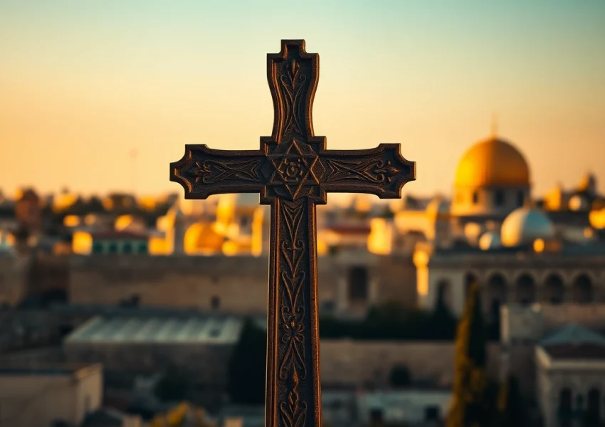 Jerusalem crosses intricately designed against a warm backdrop of Jerusalem's historic skyline.