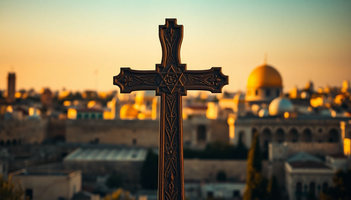 Jerusalem crosses intricately designed against a warm backdrop of Jerusalem's historic skyline.