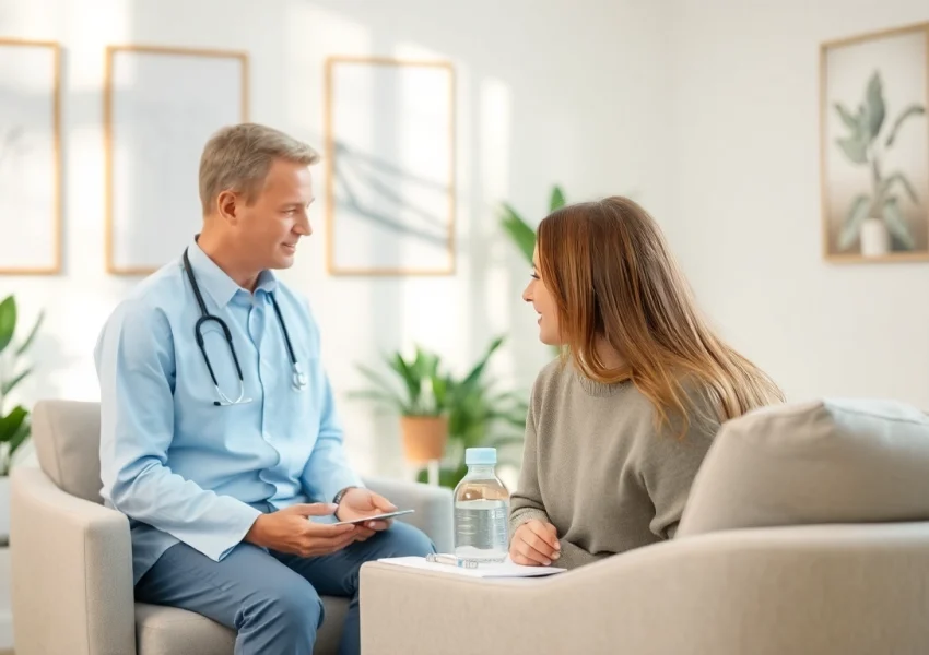 Offering anxiety treatment dubai in a serene therapy environment with a professional therapist and patient.