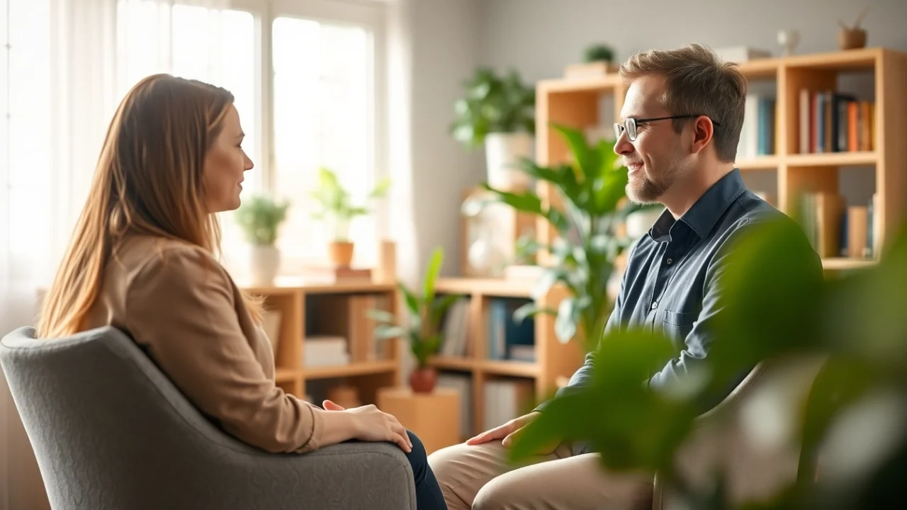Engaging therapist helps patient understand their depression symptoms in a supportive setting.