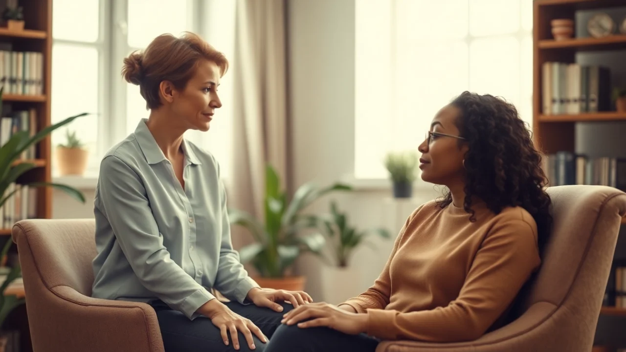 Therapist discussing depression with a patient in a calming office.