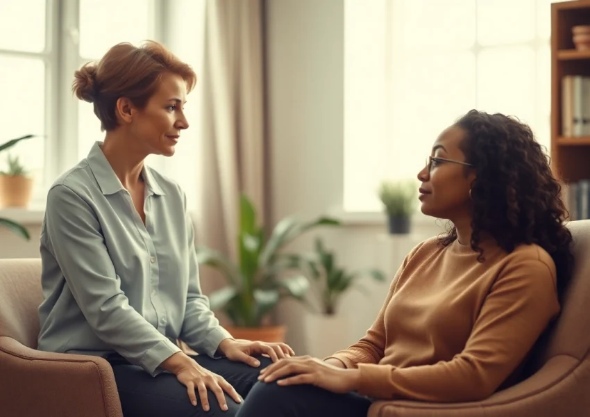 Therapist discussing depression with a patient in a calming office.