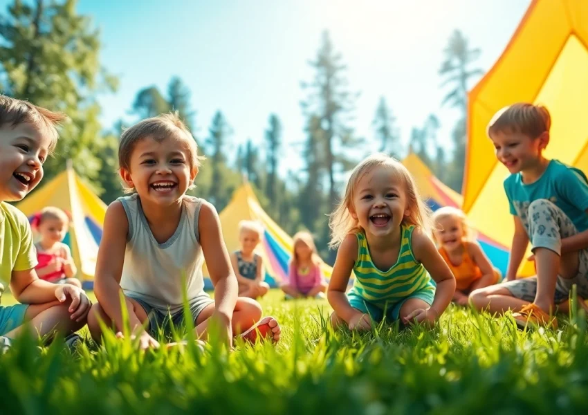 Children enjoying activities at holiday camps surrounded by nature and bright colors.
