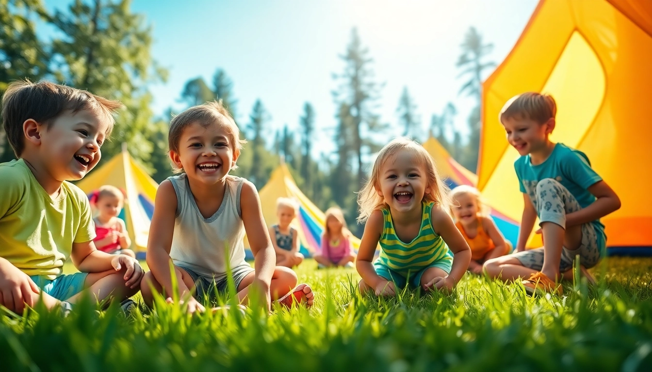 Children enjoying activities at holiday camps surrounded by nature and bright colors.