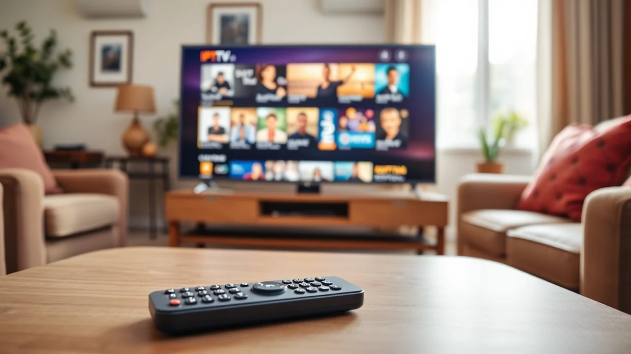 Comprar IPTV en un ambiente acogedor con una televisión moderna y canales vibrantes.