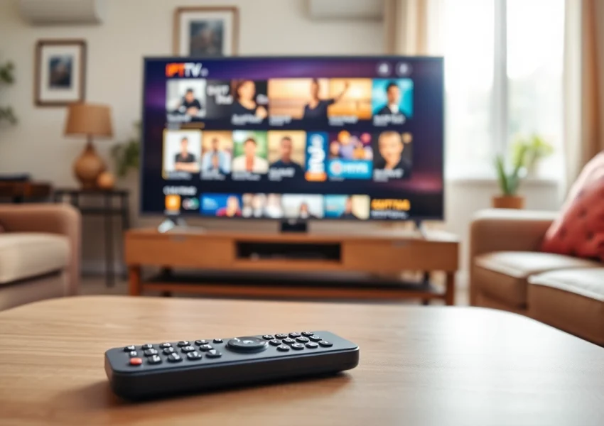 Comprar IPTV en un ambiente acogedor con una televisión moderna y canales vibrantes.