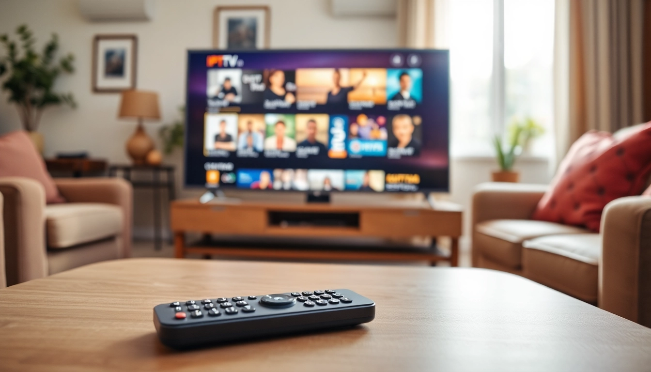 Comprar IPTV en un ambiente acogedor con una televisión moderna y canales vibrantes.