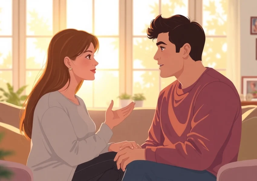 Couple communicating effectively in relationships with warmth and empathy in a cozy setting.