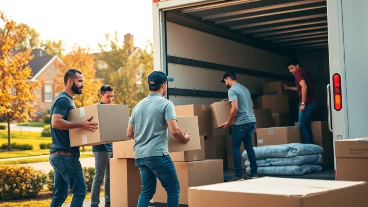 Bronx movers efficiently packing a moving truck in a vibrant suburban setting.