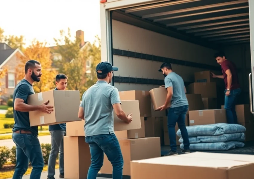 Bronx movers efficiently packing a moving truck in a vibrant suburban setting.