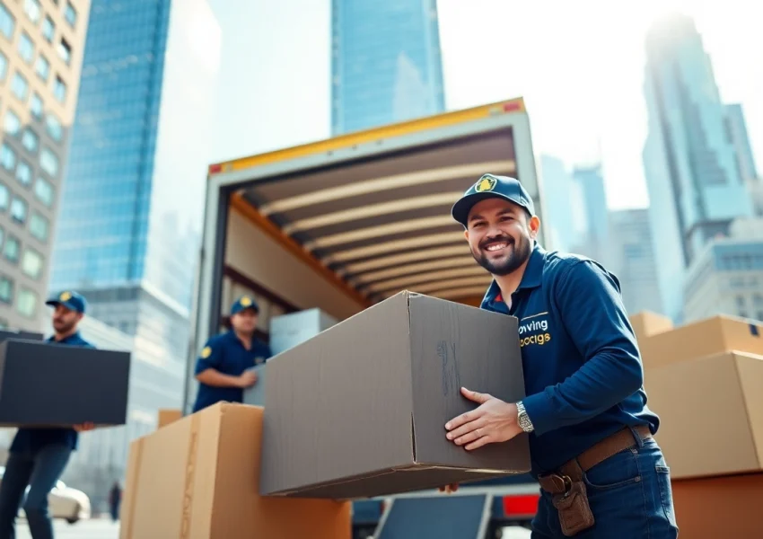 Efficient Manhattan moving company team loading furniture into a truck in a busy urban environment.