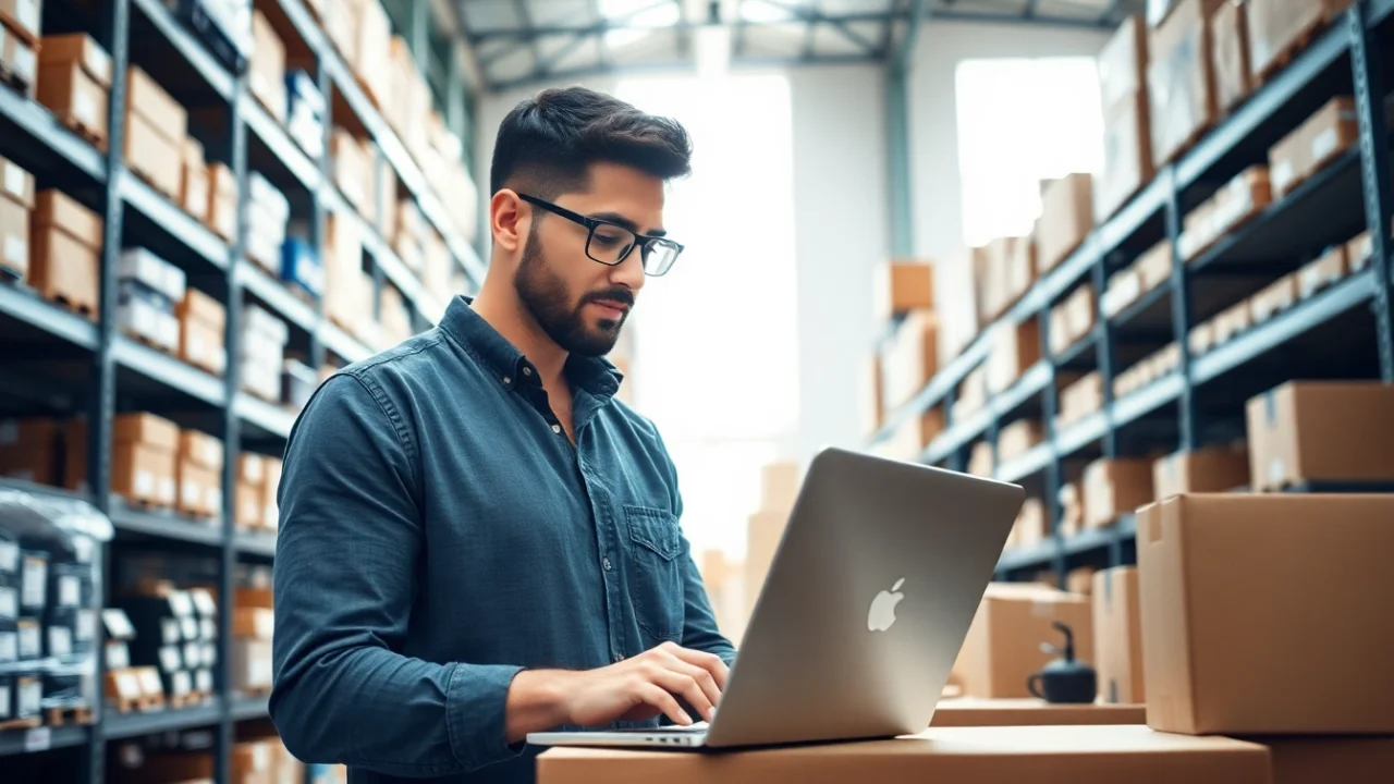 Discover an Amazon FBA wholesale seller managing inventory in a bright warehouse.