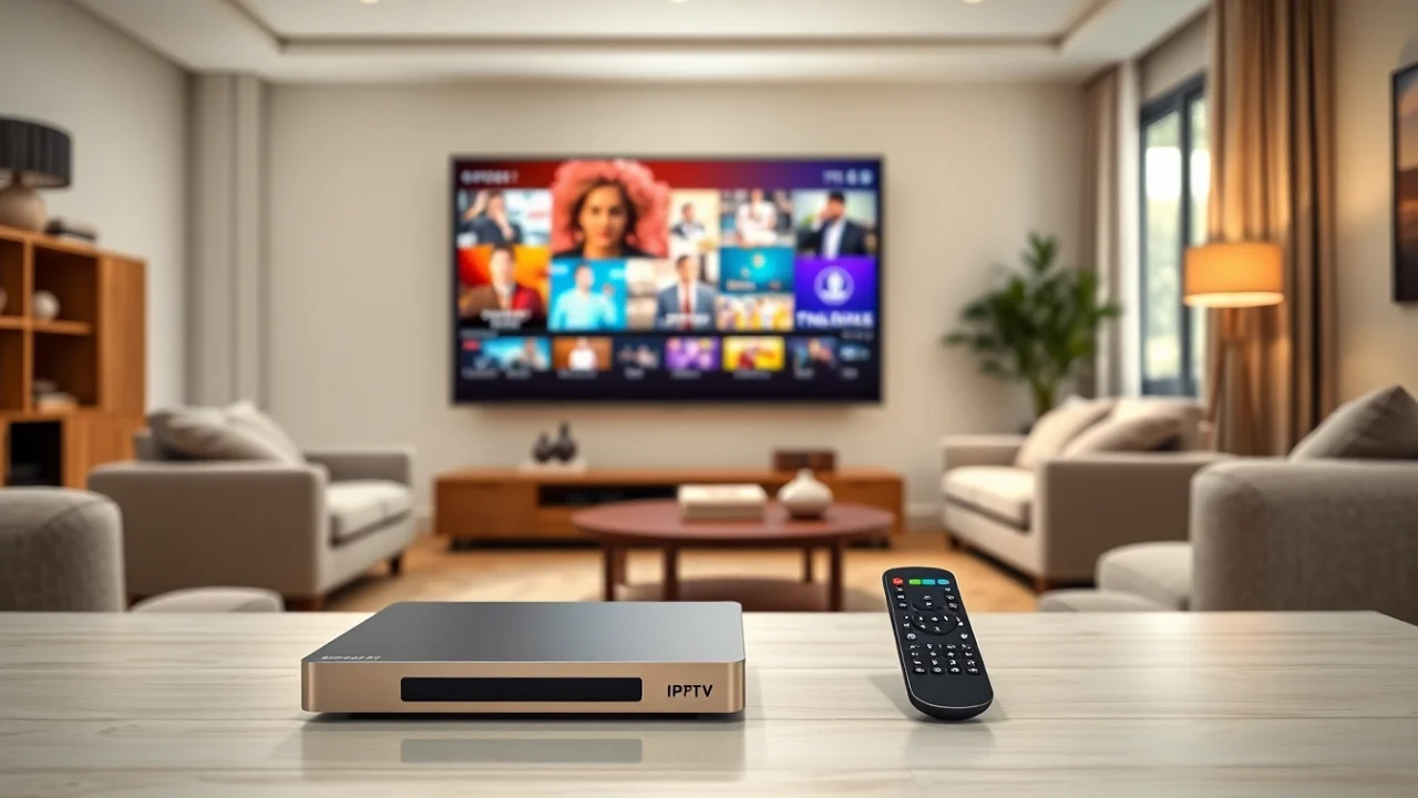 Comprar IPTV en una sala moderna con un televisor grande y un dispositivo IPTV elegante.