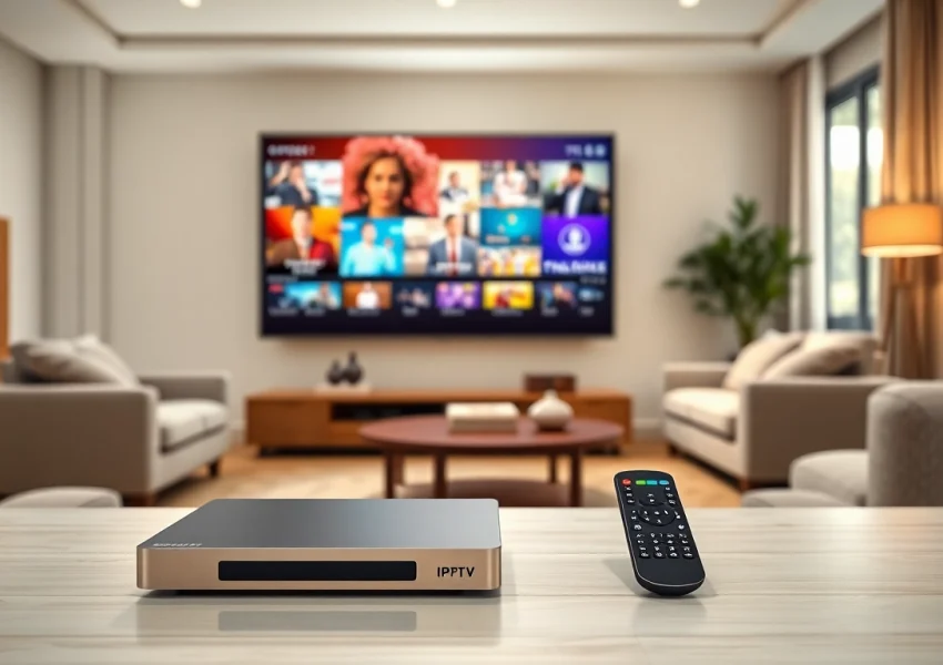 Comprar IPTV en una sala moderna con un televisor grande y un dispositivo IPTV elegante.