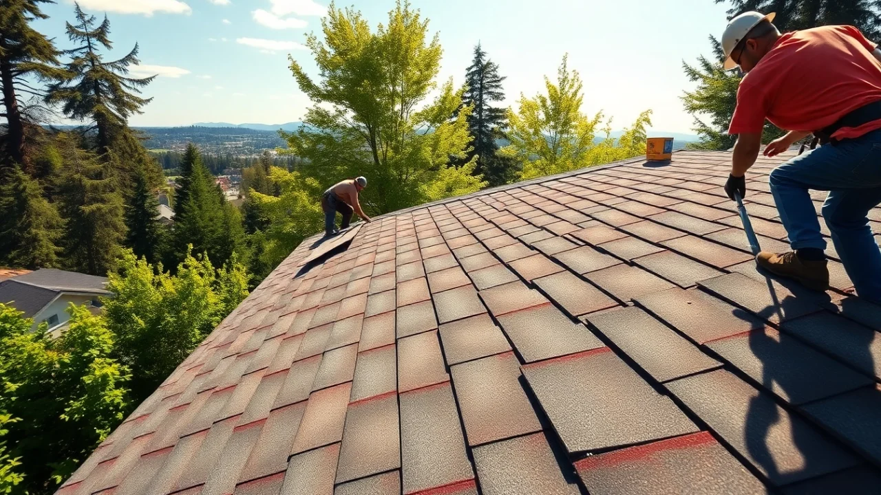 Team installing Roofing Vancouver Wa shingles on a residential home in bright sunlight.