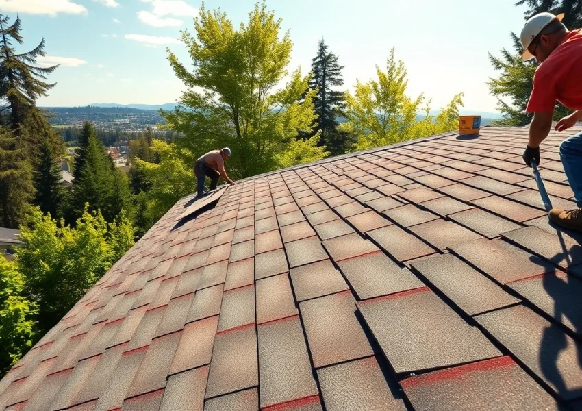 Team installing Roofing Vancouver Wa shingles on a residential home in bright sunlight.