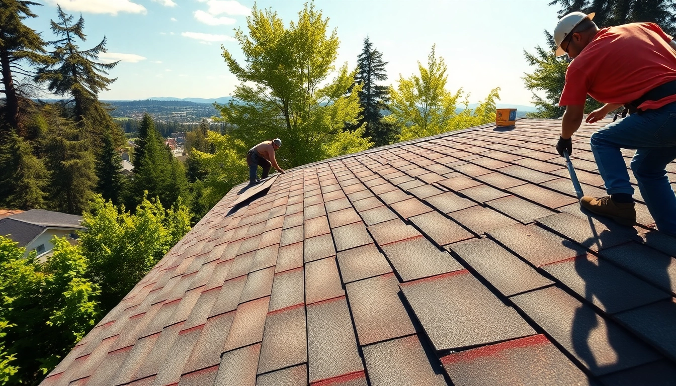 Team installing Roofing Vancouver Wa shingles on a residential home in bright sunlight.
