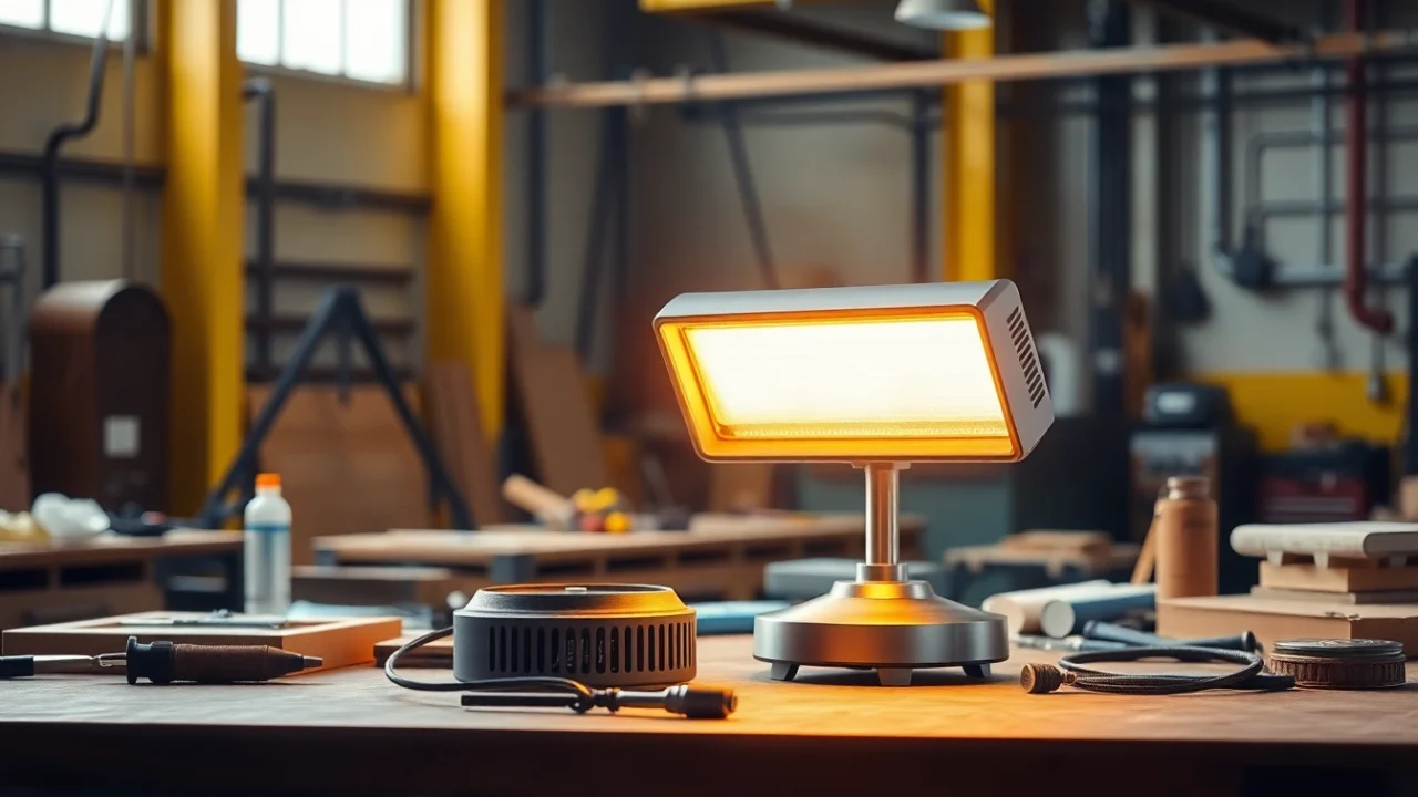 The infrared heating lamp efficiently warms a workspace, enhancing productivity and energy savings.