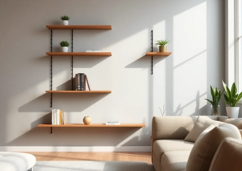 Elegantly styled minimalist wall rack showcasing decorative items in a modern living room
