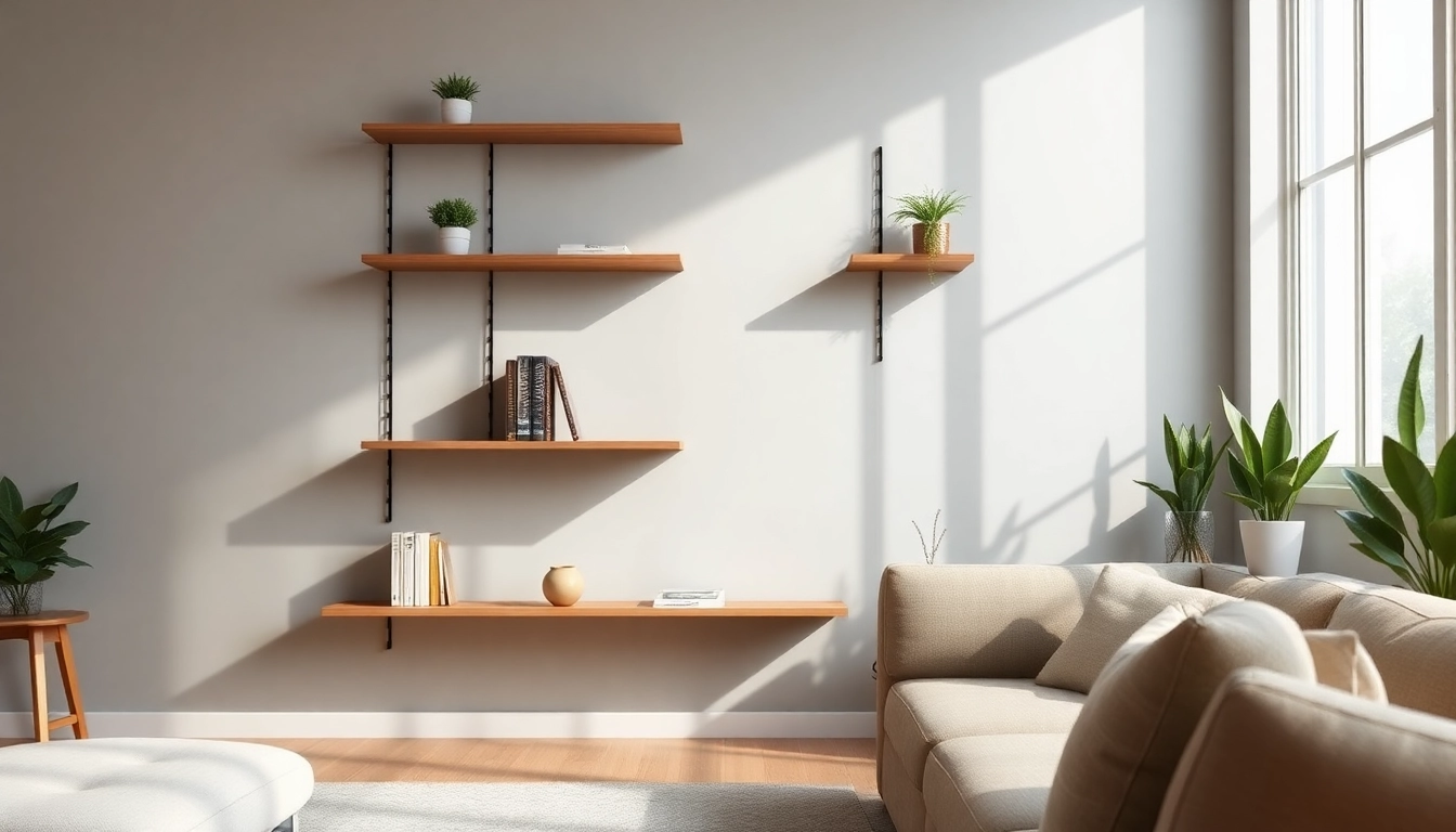 Elegantly styled minimalist wall rack showcasing decorative items in a modern living room