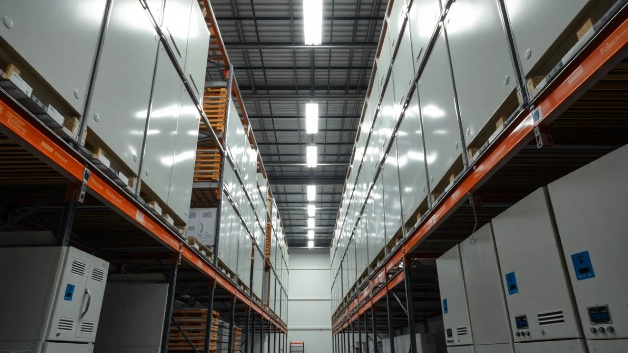 Distribución ordenada de un mayorista de infraestructura, mostrando equipos tecnológicos diversos en exhibición.