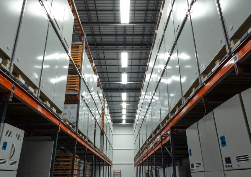 Distribución ordenada de un mayorista de infraestructura, mostrando equipos tecnológicos diversos en exhibición.
